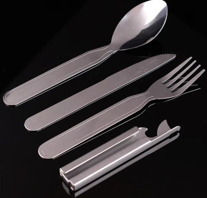 {{Camping Gear {{ Hiking Gear }} }} - {{Tac Treasure Shop }} {{four piece utensil set}} {{ Spoon }} {{Fork}} {{Knife}} {{Can opener}}