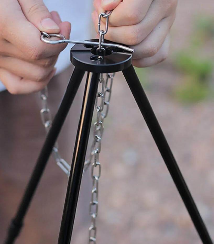 {{Camping Gear {{ Hiking Gear }} }} - {{Tac Treasure Shop }} {{ Locking chain at top of tripod}} {{ stainless steel chain }}