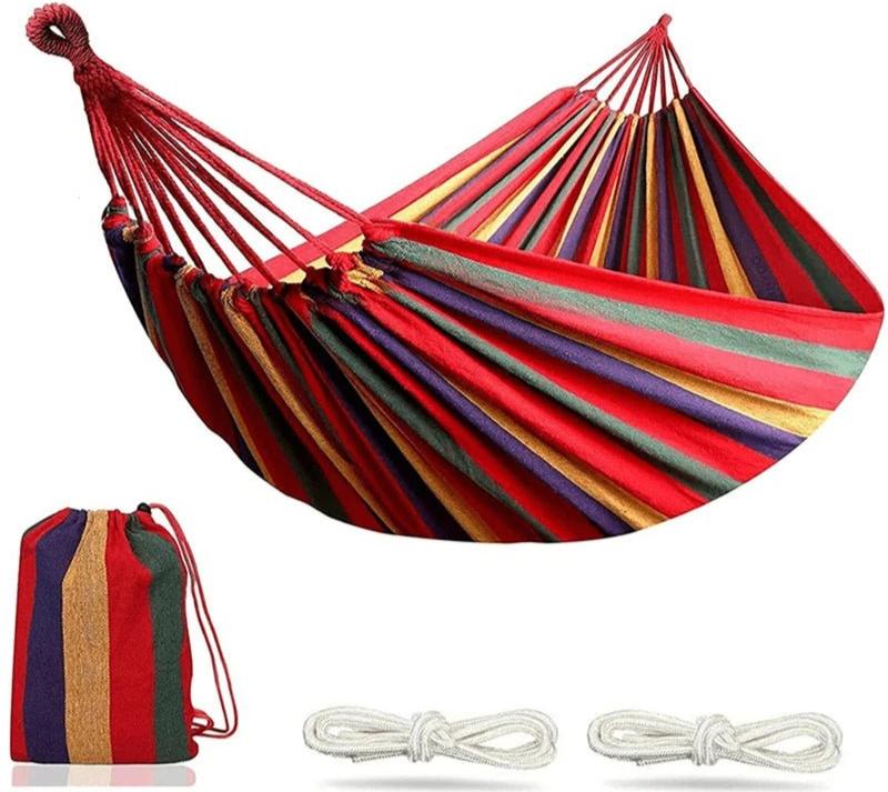 {{Camping Gear {{ Hiking Gear }} }} - {{Tac Treasure Shop }} {{ Canvas Hammock Red Design}} {{ storage bag displayed }}  {{Tie off Ropes Displayed}}