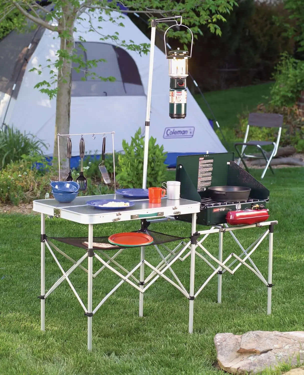 {{Camping Gear {{ Hiking Gear }} }} - {{Tac Treasure Shop }} {{ Coleman}} {{ food prep table }}  {{ grill and dishware on top }}