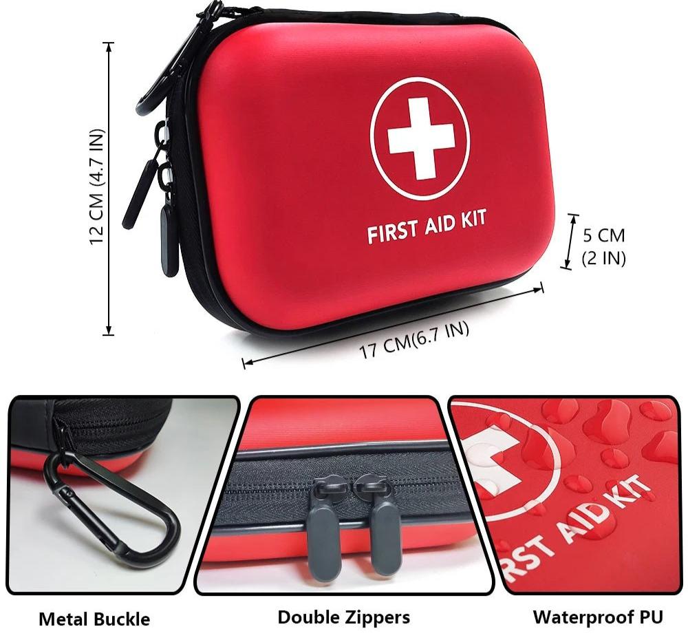 {{Camping Gear {{ Hiking Gear }} }} - {{Tac Treasure Shop }} {{ First Aid Kit Red}} {{ Dimensions 12cm X 17cm X 5cm }} {{Double zipper }} {{ Waterproof shell }} {{ metal clip }}