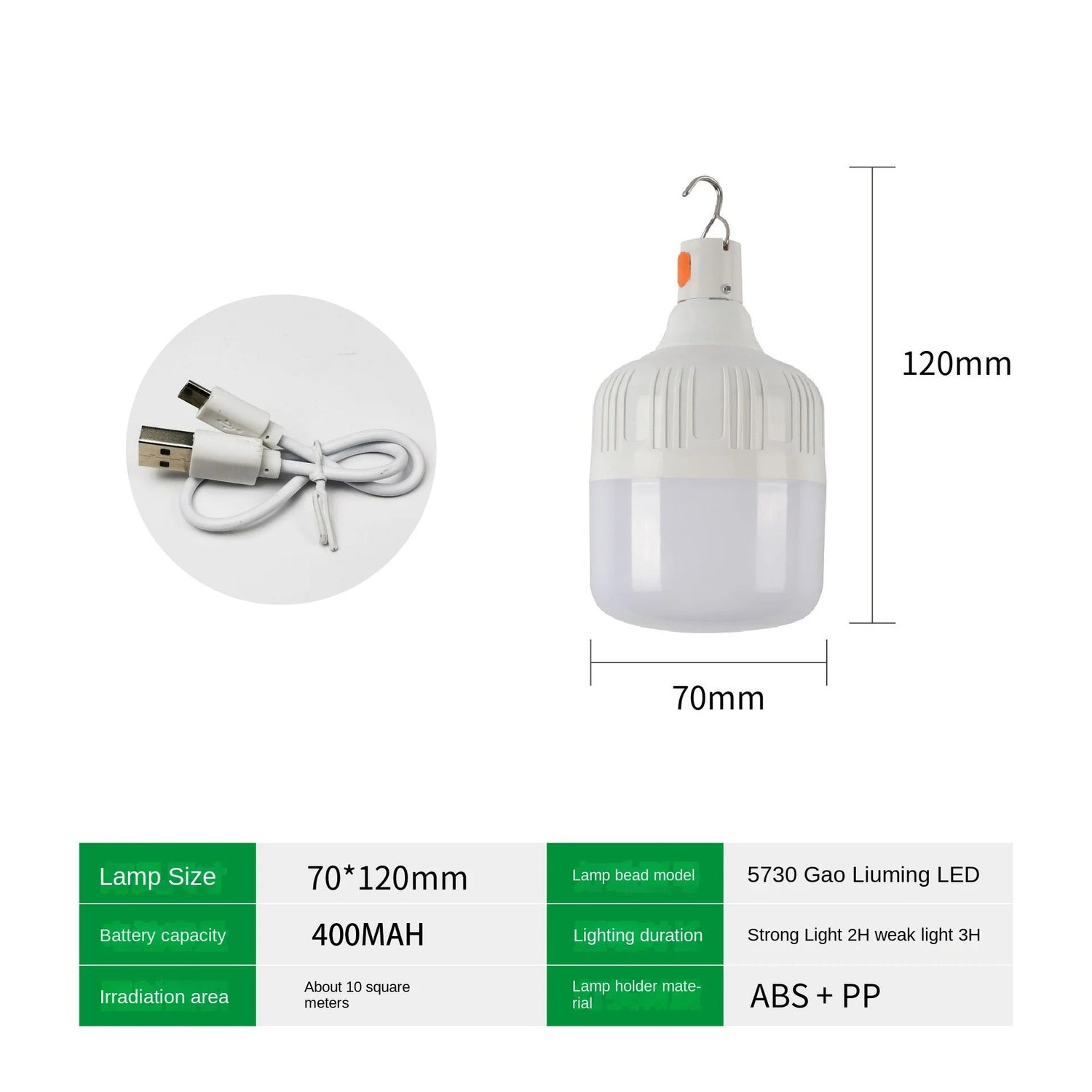 {{Camping Gear {{ Hiking Gear }} }} - {{Tac Treasure Shop }} {{ Camping Light }} {{ Dimensions 70mm X 120mm} {{ Charging Cord Displayed }}