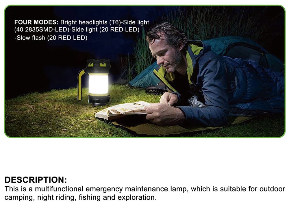 {{Camping Gear {{ Hiking Gear }} }} - {{Tac Treasure Shop }} {{ Rechargeable Flashlight}} {{ Lantern Option in use }}  {{ Man reading outside dark }}