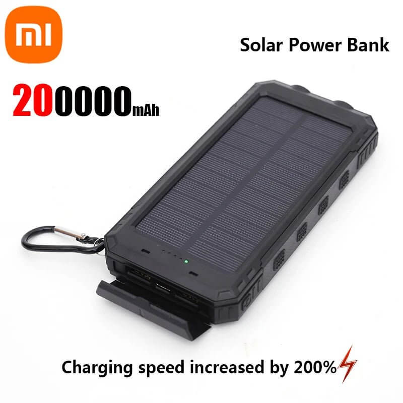 {{Camping Gear {{ Hiking Gear }} }} - {{Tac Treasure Shop }} {{ Stock photo of solar charger. Panel side up, attached carabiner  clip. "Charging speed increased by 200%" "Solar Power Bank"}}