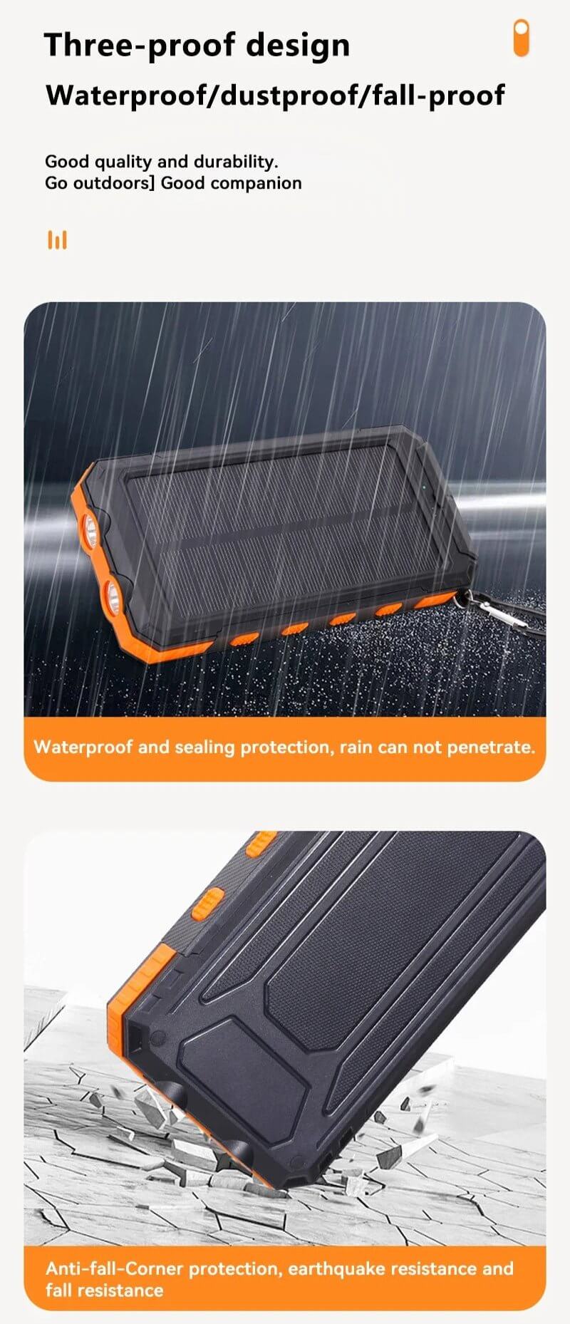 {{Camping Gear {{ Hiking Gear }} }} - {{Tac Treasure Shop }} {{ "Three Proof Design. Water/Dust/Fall proof. "Good quality and durability" First picture inlay shows charger out in the rain. Second inlay photo shows charger hitting the ground on the corner of the charger. }}