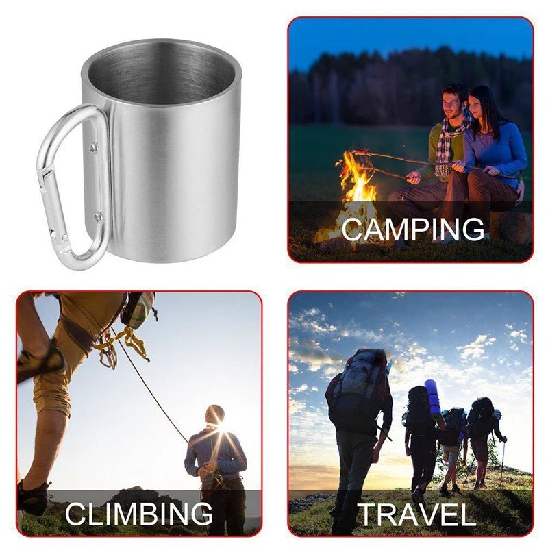 {{Camping Gear {{ Hiking Gear }} }} - {{Tac Treasure Shop }} {{ Featured Uses - Camping. Couple shown cooking over open campfire,  Thick tree line in the background.  Climbing two people shoun ted together ascending rock face.  Travel. Four Hikers shown on open trail. Waling into the sun.  All of them with backpacks and the carbiner mug attached. }}