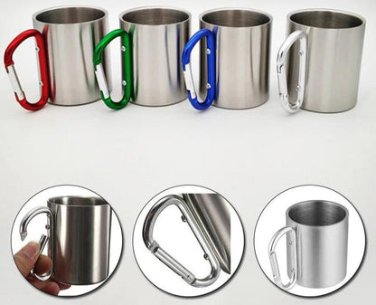 {{Camping Gear {{ Hiking Gear }} }} - {{Tac Treasure Shop }} {{ Four carabiner clip handled stainless steel mugs displayed. Red, Green , Blue, silver colored handles. Bottom inlay photos show clip usage }}