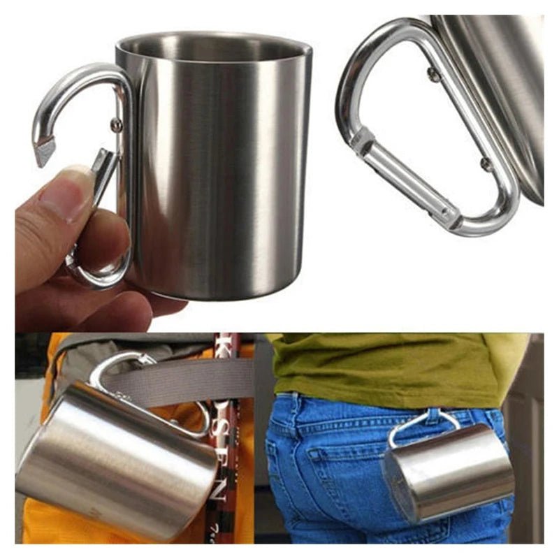 {{Camping Gear {{ Hiking Gear }} }} - {{Tac Treasure Shop }} {{ Two silver carabiner handle, stainless steel mugs. Under neath first photo shows close up of mug clipped to a backpack. Second photo shows mug clipped to belt lop on someone's jeans.}}