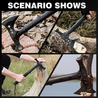 {{Camping Gear {{ Hiking Gear }} }} - {{Tac Treasure Shop }} {{ Four picture showing different uses for the Survival axe are shown. First picture shown hammer end breaking rock. Second photo shows axe being used on large log.  Third photo shows axe being used to cut a tree stump. Fourth photo shows axe being used to take branches off a medium sized tree. }}