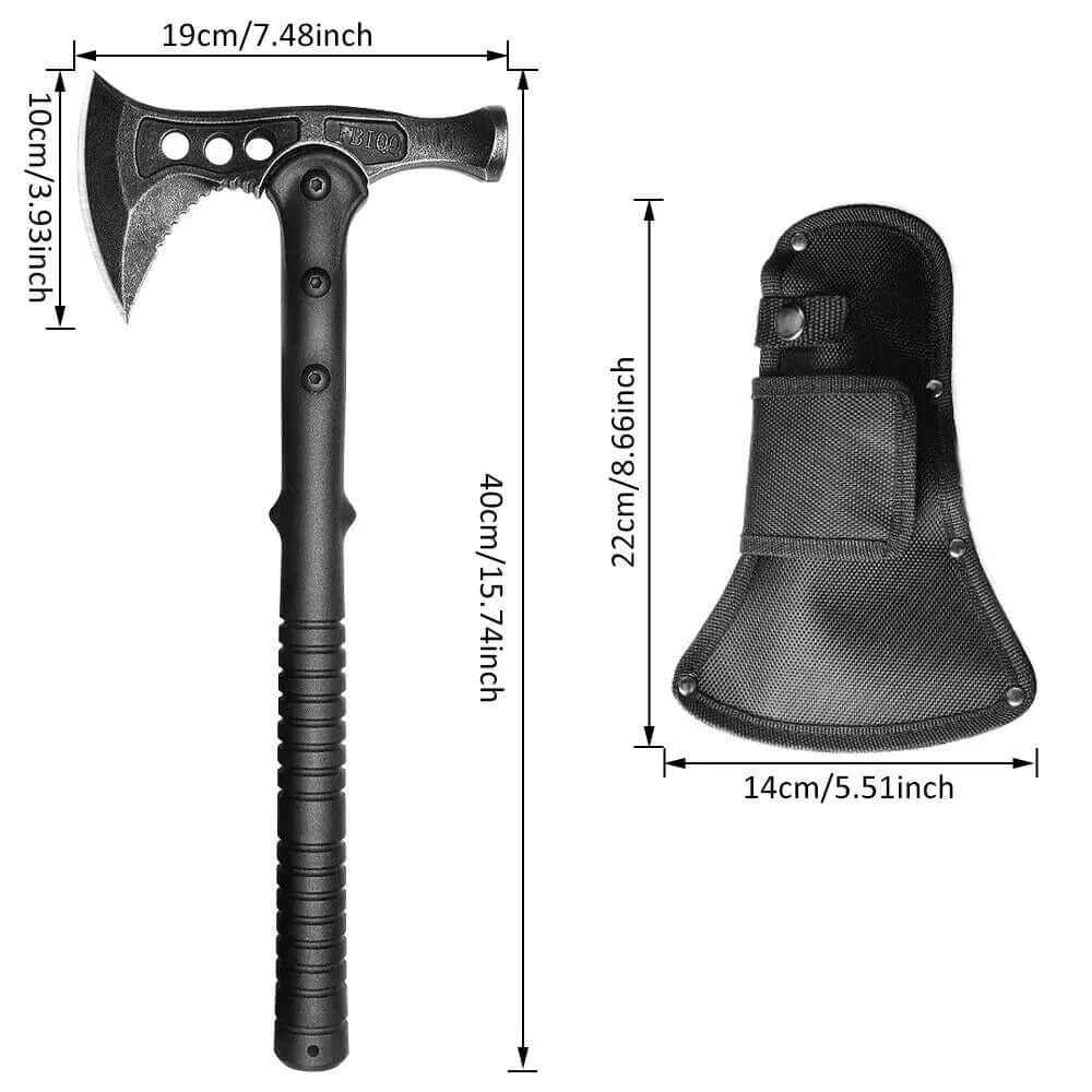 {{Camping Gear {{ Hiking Gear }} }} - {{Tac Treasure Shop }} {{ Dimensions page Axe: 15.74inches X 7.48 inches X 3.93 inches. Sheath Cover: 8.66 inches X 5.51 inches }}