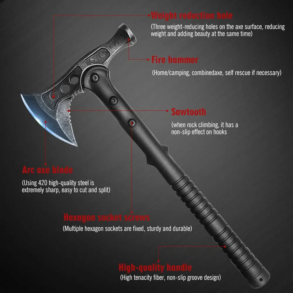 {{Camping Gear {{ Hiking Gear }} }} - {{Tac Treasure Shop }} {{ Survival Axe Features. Weight reduction holes, Fire Hammer,  Sawtooth, Arc Axe Blade, Hexagon socket screws, High quality handle. }}