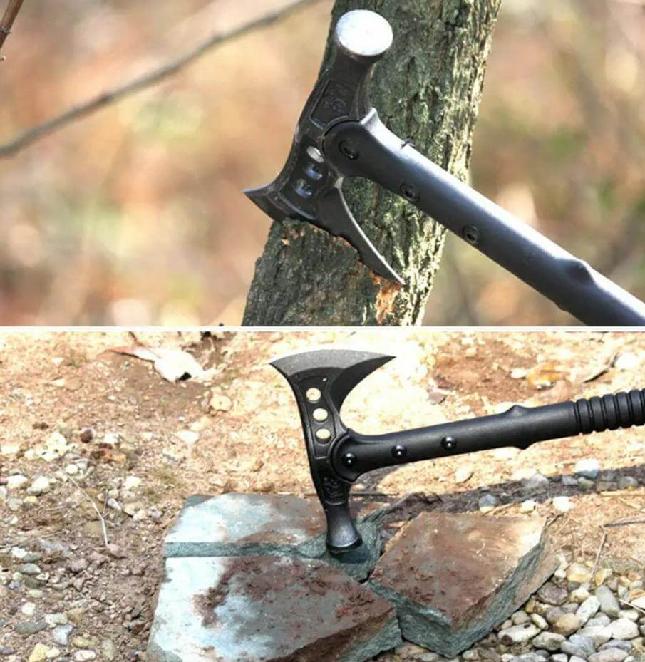 {{Camping Gear {{ Hiking Gear }} }} - {{Tac Treasure Shop }} {{ Survival Axe shown in two pictures. Top picture shows axe embedded in small tree. Bottom photo  shows hammer end of axe breaking a rock. }}