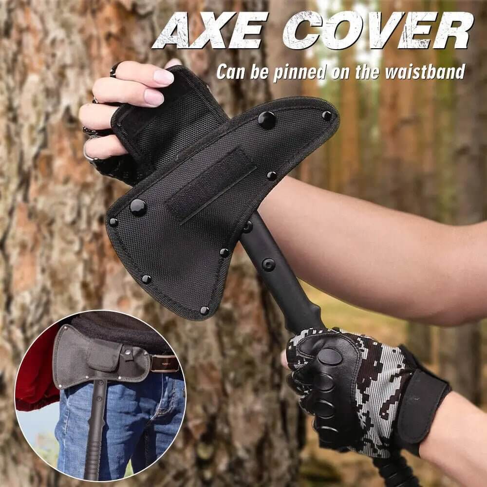 {{Camping Gear {{ Hiking Gear }} }} - {{Tac Treasure Shop }} {{ Survival axe shown with sheath cover on. inlet photo shows sheath attached to belt for hands free transport.}}