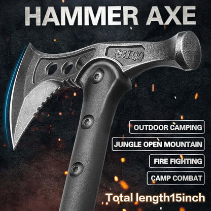 {{Camping Gear {{ Hiking Gear }} }} - {{Tac Treasure Shop }} {{ "Hammer Axe"  Close up of the head of the axe.  Uses listed --Outdoor camping, Jungle open mountain, Fire fighting, camp combat.  "total length 15 inches" }}