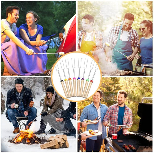 {{Camping Gear {{ Hiking Gear }} }} - {{Tac Treasure Shop }} {{ Telescopic Roasting Sticks. Four photos shown.  First shows a couple roasting sausage and marshmallows over a camp fire, Second shows three people standing at a barbeque grill  using roasting stick to move food on grill.  Third photo shows small group around camp fire while its snowing,  Using roasting sticks to cook hotdogs and sausage, Fourth shows two guys at a grill serving. Center overlay shows Roasting sticks in different colors.