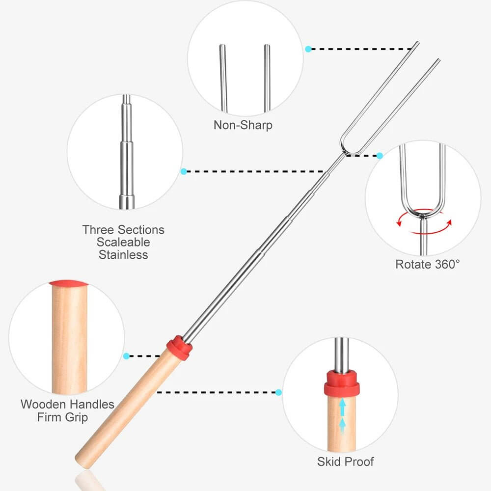 {{Camping Gear {{ Hiking Gear }} }} - {{Tac Treasure Shop }} {{ Telescopic Roasting stick Features.  Non Sharp forks, rotates 360°, Three scalable sections, Wooden Handles for firm grip. }}