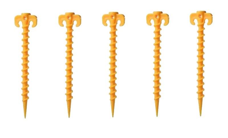 {{Camping Gear {{ Hiking Gear }} }} - {{Tac Treasure Shop }} {{ Stock Photo 5 yellow screw stakes side by side }}