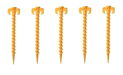 {{Camping Gear {{ Hiking Gear }} }} - {{Tac Treasure Shop }} {{ Stock Photo 5 yellow screw stakes side by side }}