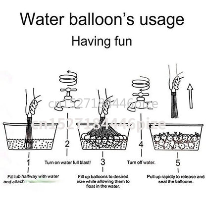 {{Camping Gear {{ Hiking Gear }} }} - {{Tac Treasure Shop }} {{ "Water balloon's Usage .. having fun"  1 Fill tub half way with water attach balloons to water source. 2 Turn on water. 3 Fill balloons to desired size, while allowing them to float. 4 Turn off Water 5 Pull up and rapidly release and seal balloons. }}