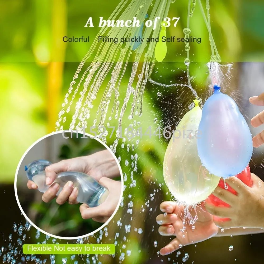 {{Camping Gear {{ Hiking Gear }} }} - {{Tac Treasure Shop }} {{ Balloons coming off filling tubes, being shown in the hands of children. Water coming out of tubes.  Inset photo shows balloon being squeezed tightly to demonstrate  durability. Greenery in the background, blurred out. }}