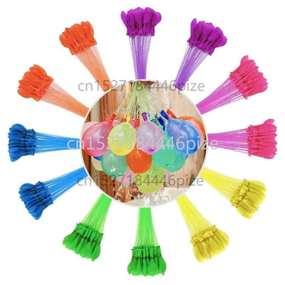 {{Camping Gear {{ Hiking Gear }} }} - {{Tac Treasure Shop }} {{ Water balloons attached to  filling tubes. rainbow of colors. Purple, orange, pink, blue, green, and yellow.  Inset photo shows multiple balloons filled with water. still attached to filling tubes. }}