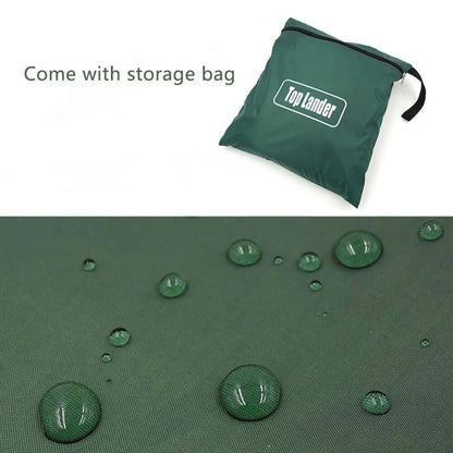 {{Camping Gear {{ Hiking Gear }} }} - {{Tac Treasure Shop }} {{ Two photos. Top - Shows storage bag for when tarp is not in use.  Bottom - Water beading off the tarp surface, demonstrating that it is waterproof. }}