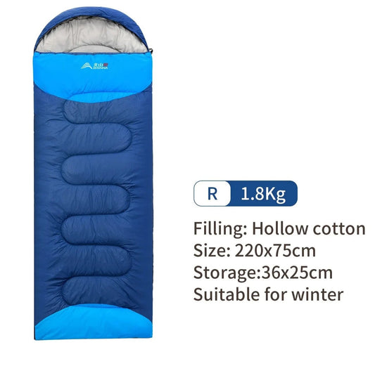 {{Camping Gear {{ Hiking Gear }} }} - {{Tac Treasure Shop }} {{ Blue winter sleeping bag displayed fully opened and zipped up. " Filling:- Hollow cotton Size - 220X75cm Storage - 36X25cm Suitable for winter. }}